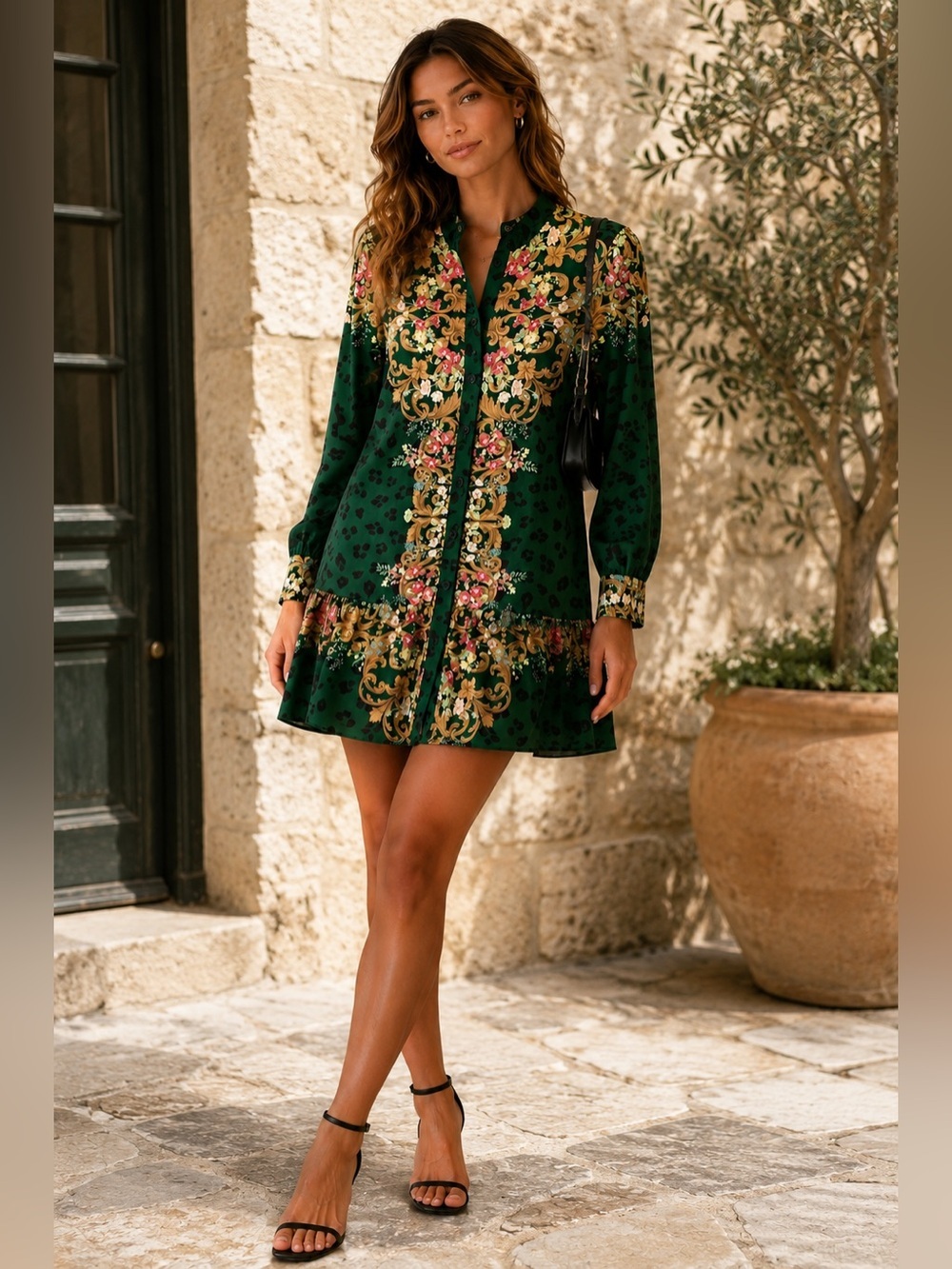 eShakti Wayward Fancies Green Floral Baroque Long Sleeve Mini Dress
